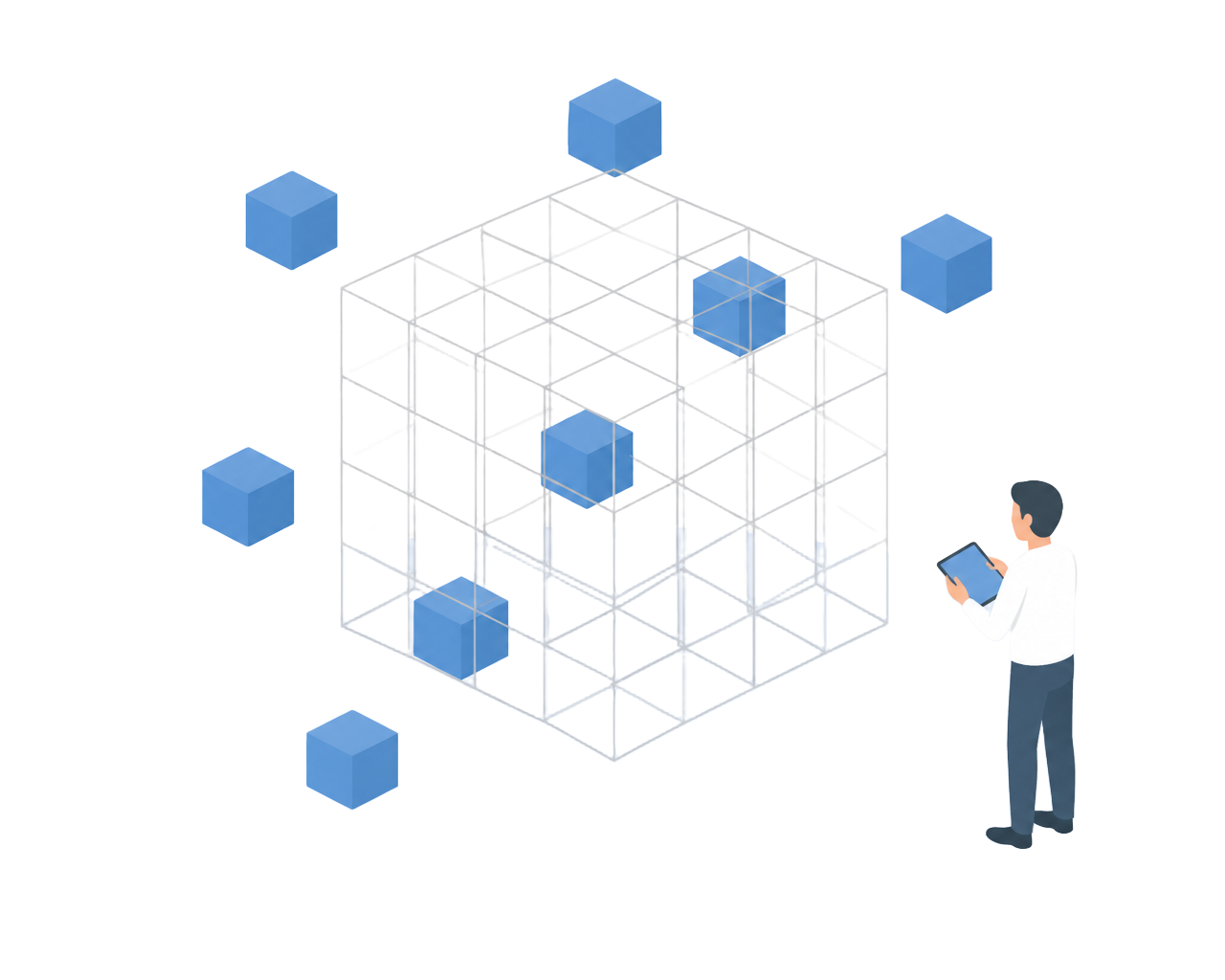 Isometric illustration of a citizen reviewing public data